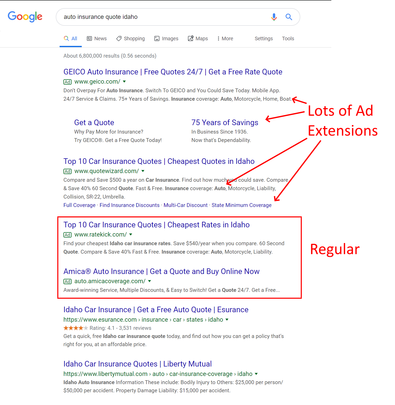 Search Engine Results Page with Ad Extensions Highlighted