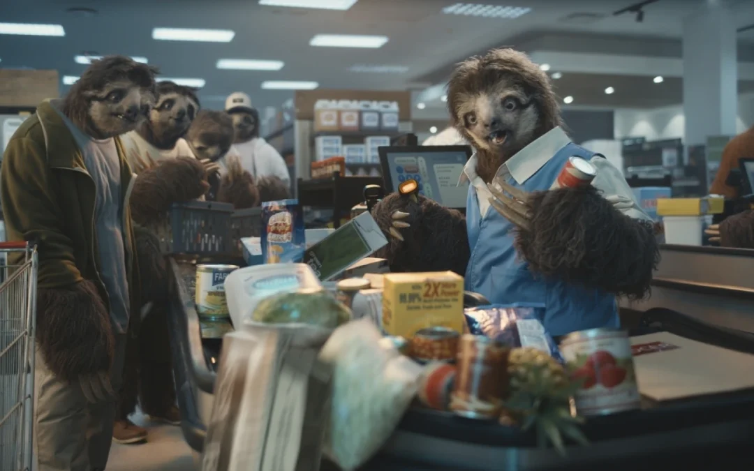 A humorous supermarket scene showing anthropomorphic sloths. A sloth dressed as a cashier scans groceries, holding a can in one hand and a barcode scanner in the other. Other sloths wait in line with their carts, surrounded by a variety of products, creating a lighthearted and quirky atmosphere.
