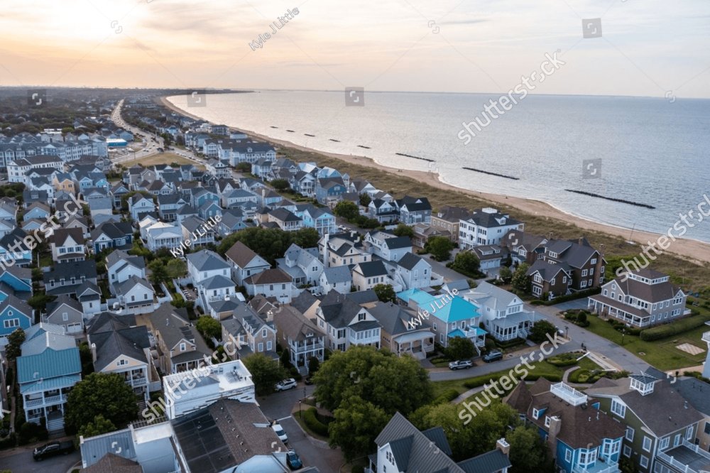 Aerial view of homes in East Beach, Norfolk, beside the Chesapeake Bay